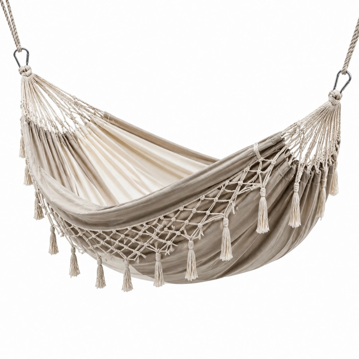 Hamac en coton avec détails en macramé beige