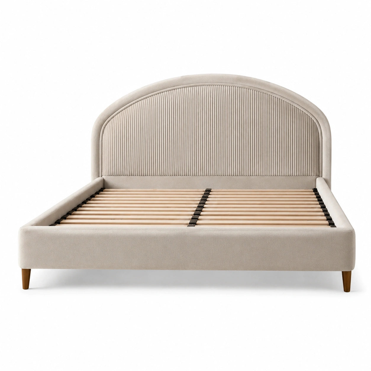Lit double en bois et velours beige 160x200 cm