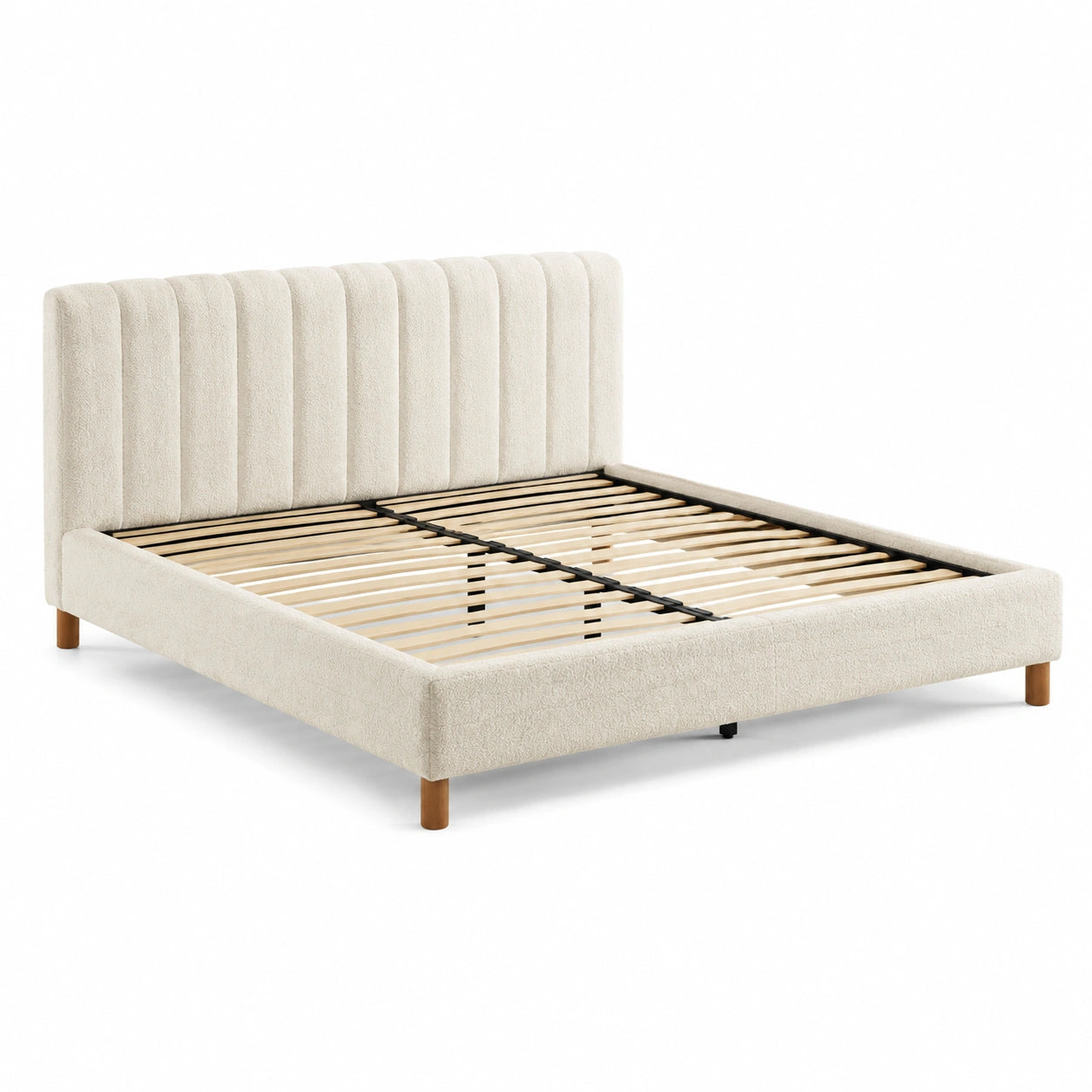 Lit double en bois et tissu polyester crème 140x200 cm