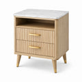 Table de chevet en bois avec plateau en marbre blanc et poignées dorées