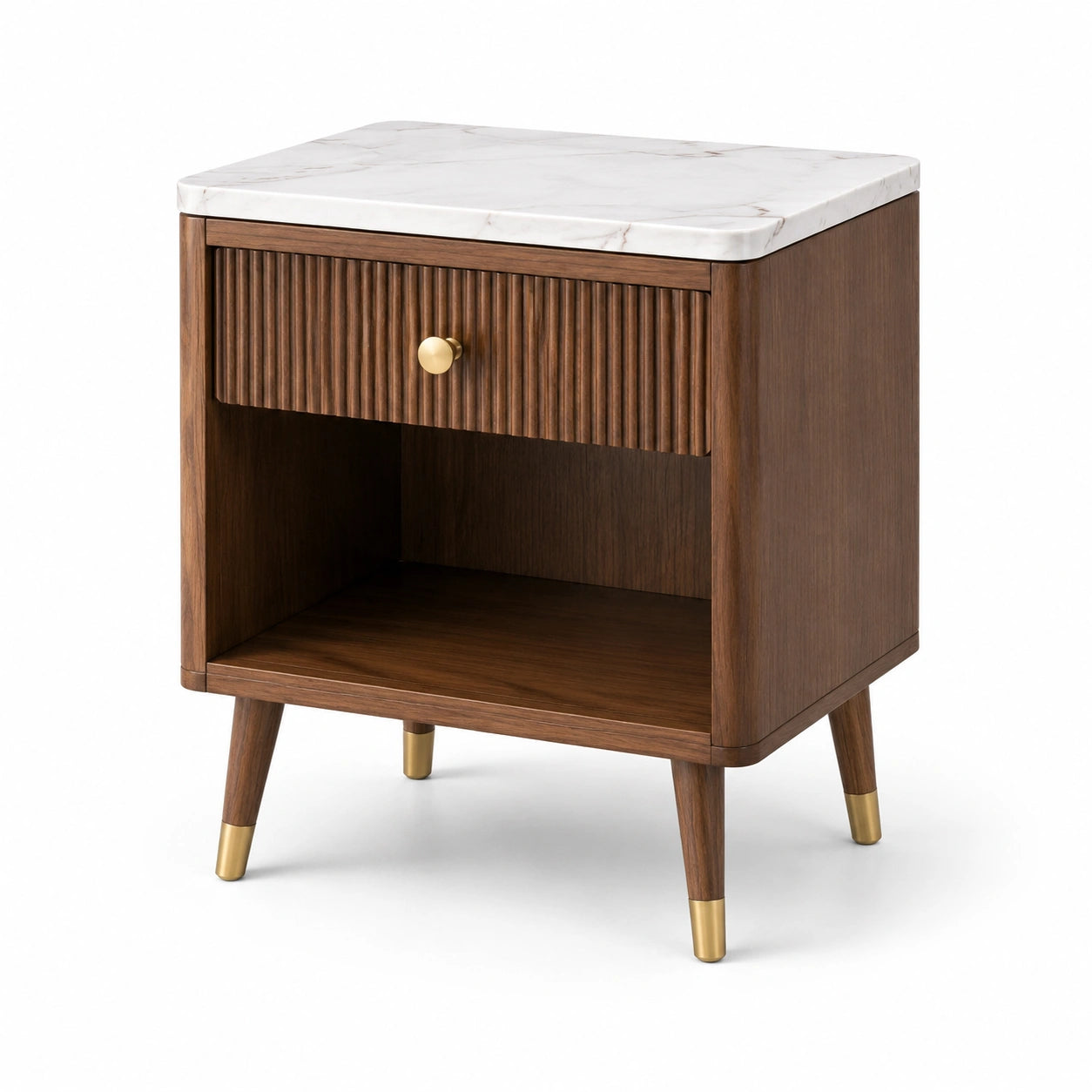 Table de chevet en bois de noyer et marbre de Carrare