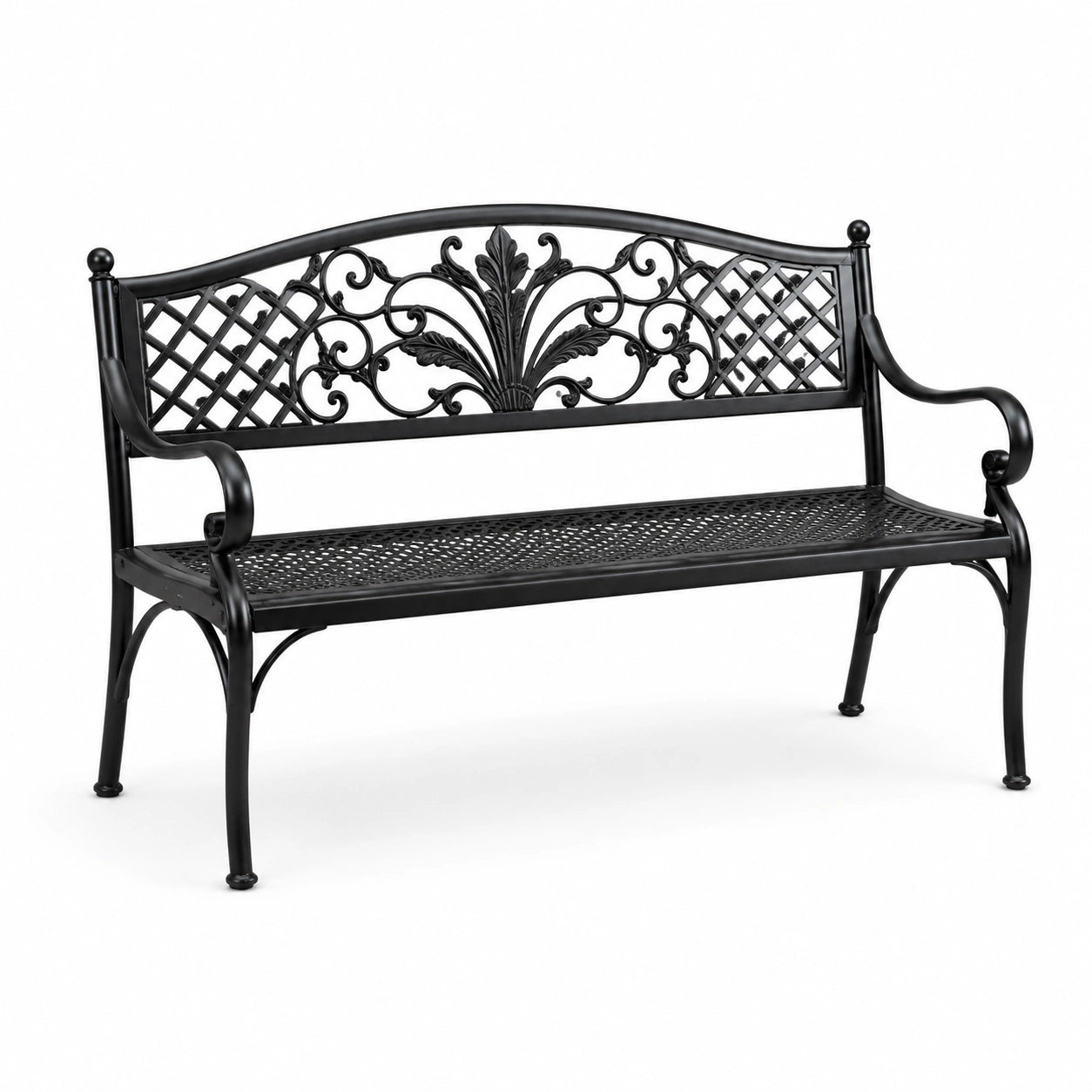Banc de jardin en métal noir avec motifs décoratifs