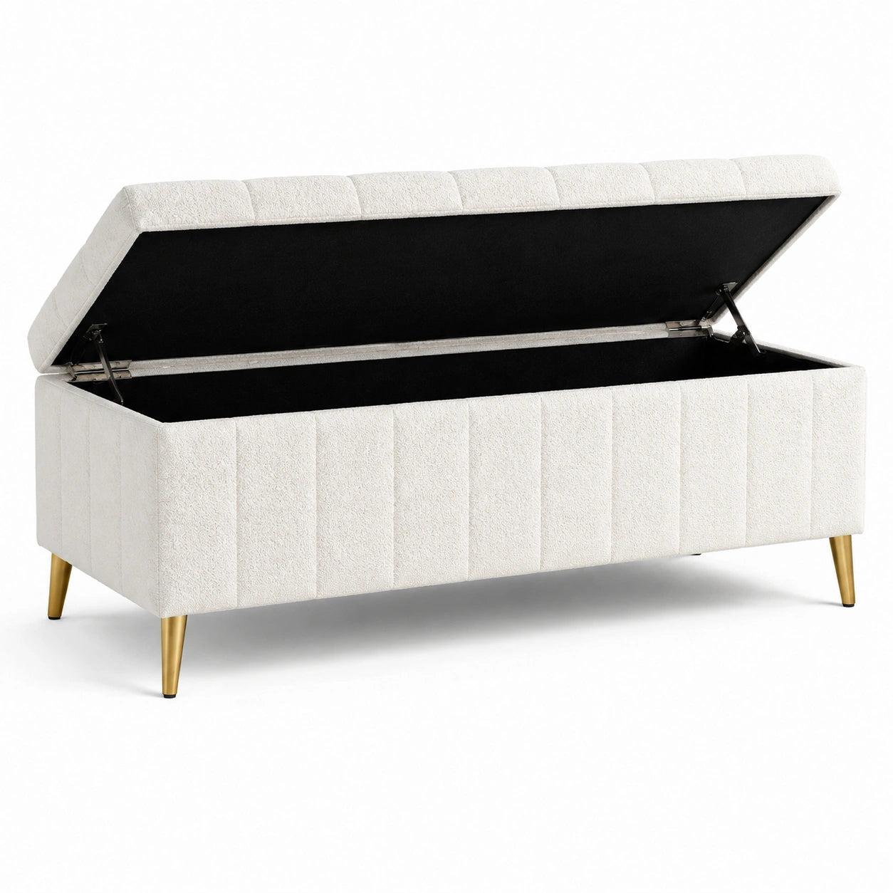Banc de rangement en tissu polyester blanc avec pieds en métal doré