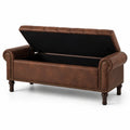 Banc de rangement en cuir synthétique marron avec pieds en bois