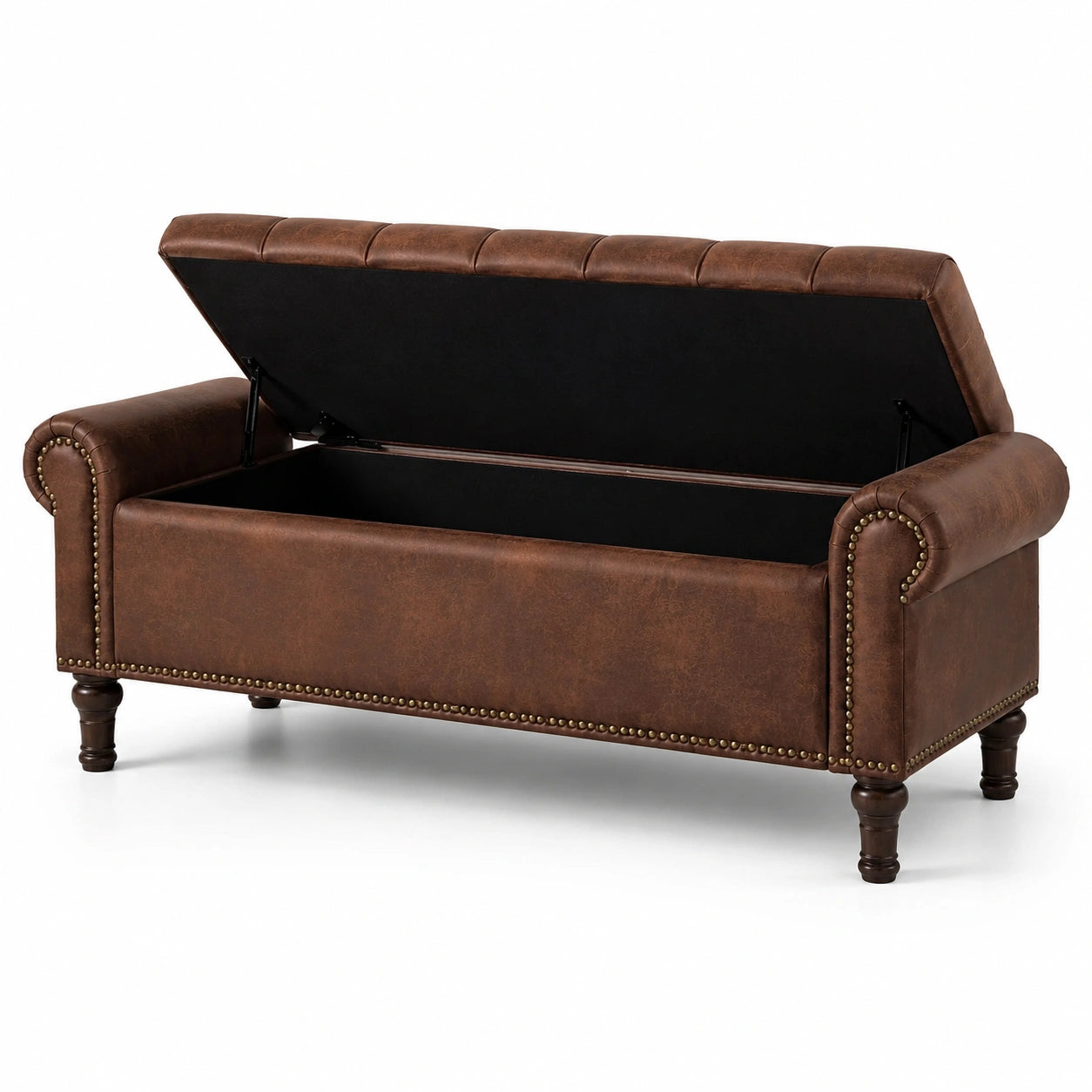 Banc de rangement en cuir synthétique marron avec pieds en bois