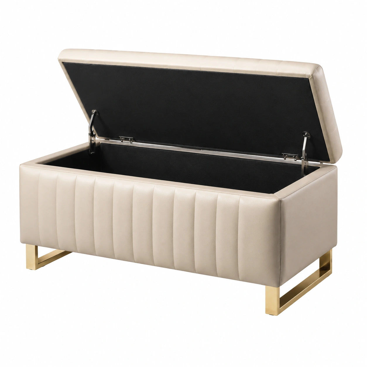 Banc de rangement en cuir beige avec pieds en métal