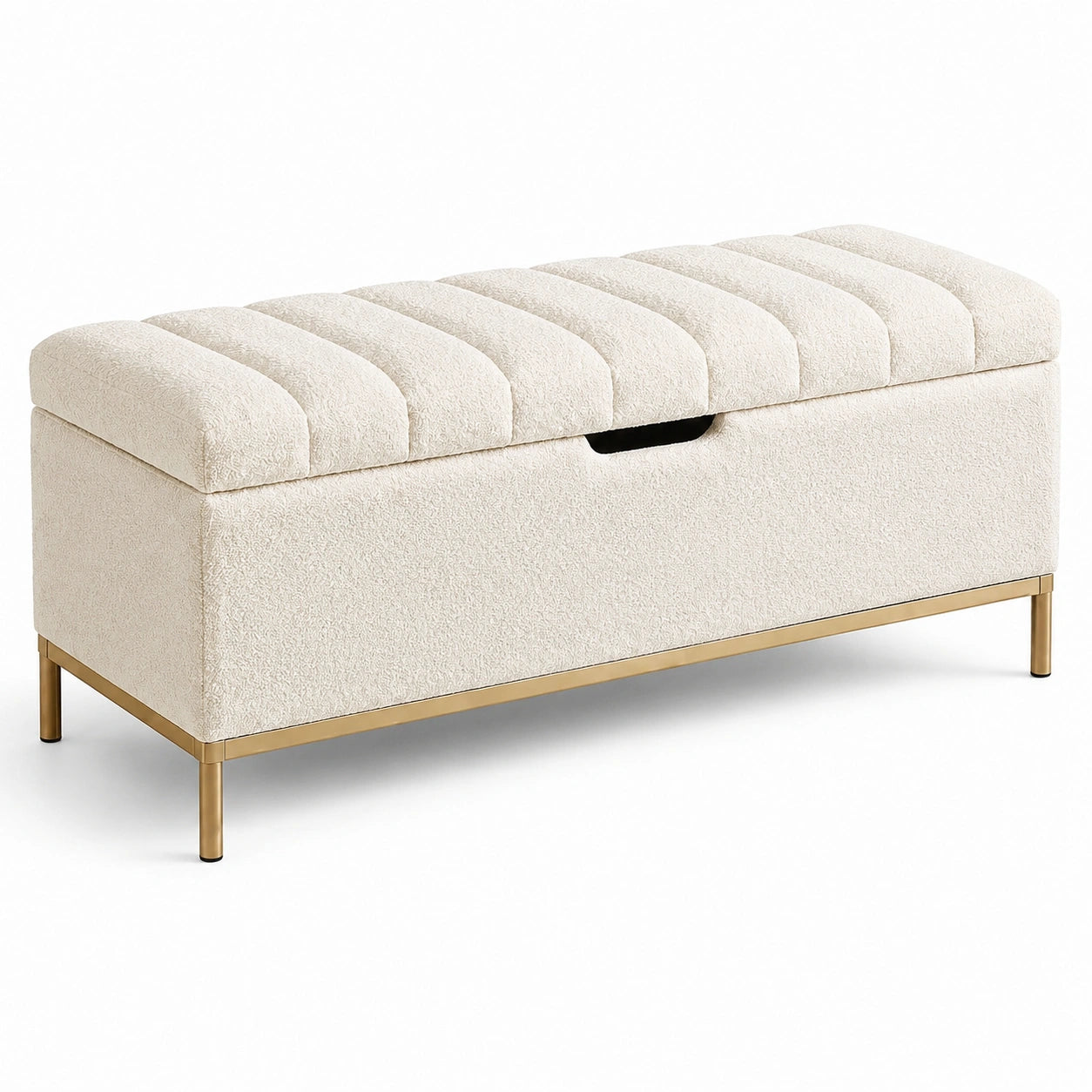 Banc de rangement en bois avec tissu bouclé et pieds en métal