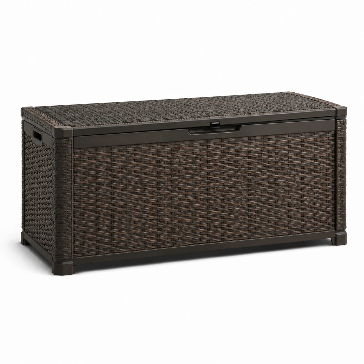 Coffre de rangement extérieur en résine tressée polypropylène chocolat 123x53x57 cm