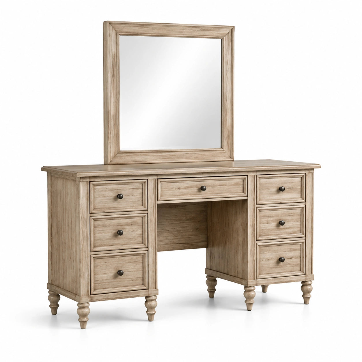 Coiffeuse en bois avec miroir et 6 tiroirs en chêne clair