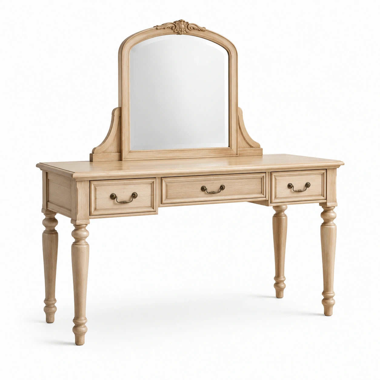 Coiffeuse en bois de chêne avec miroir en verre trempé et 3 tiroirs, beige