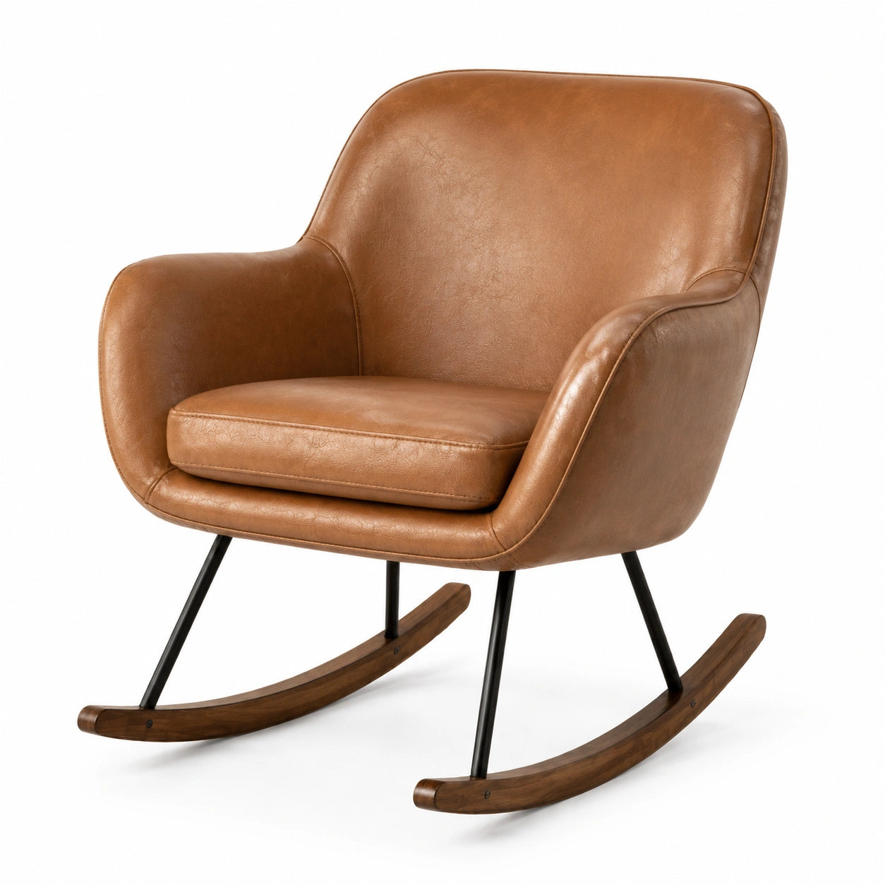 Fauteuil à bascule en cuir synthétique marron avec pieds en métal et bois