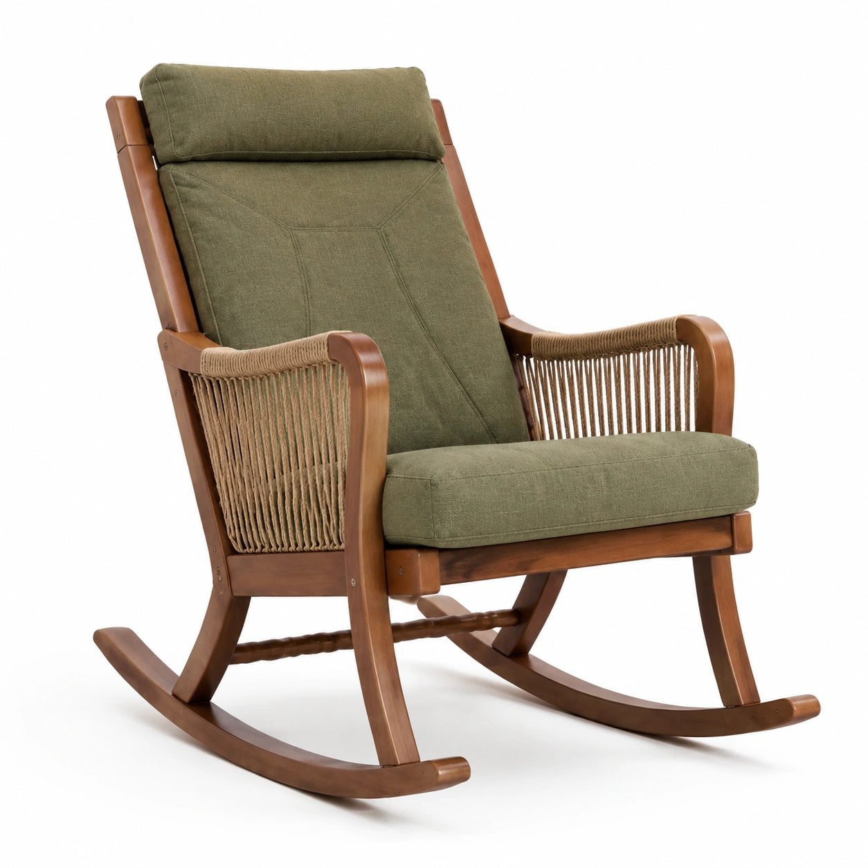 Fauteuil à bascule en bois avec coussin en polyester vert