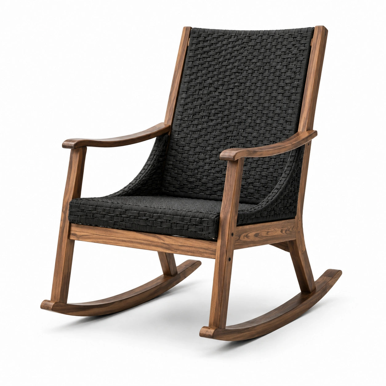 Chaise à bascule en bois et résine tressée noire
