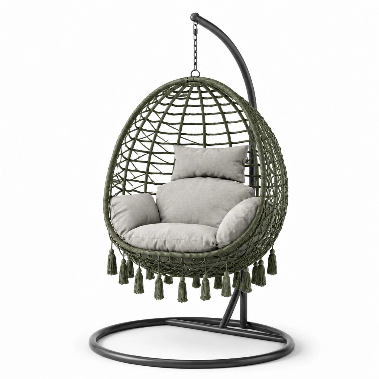 Chaise suspendue en osier avec coussins en polyester, vert olive