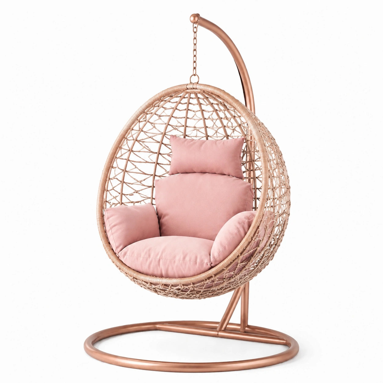 Chaise suspendue en métal avec coussins en tissu rose