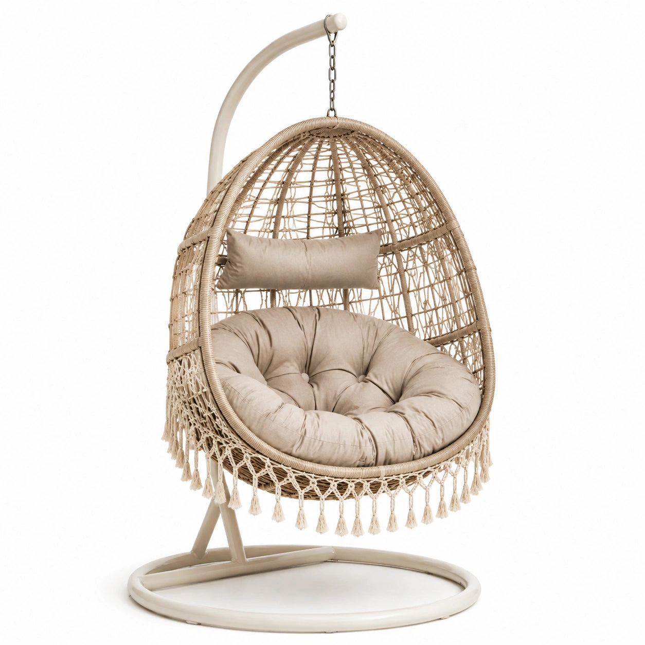 Fauteuil suspendu œuf en rotin synthétique avec coussin beige et support en métal